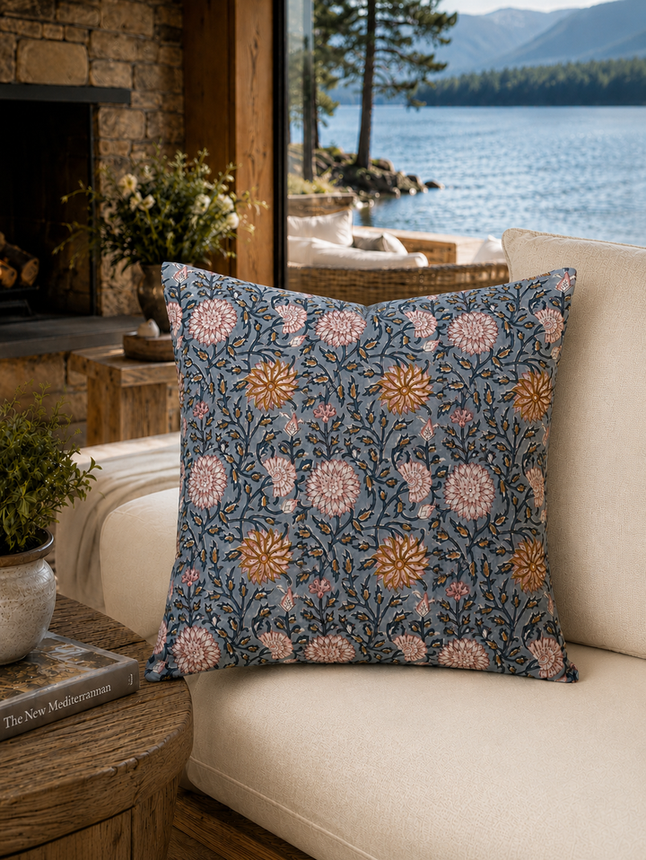 Block Print Pillow, Blue Pillow - 20" x 20"