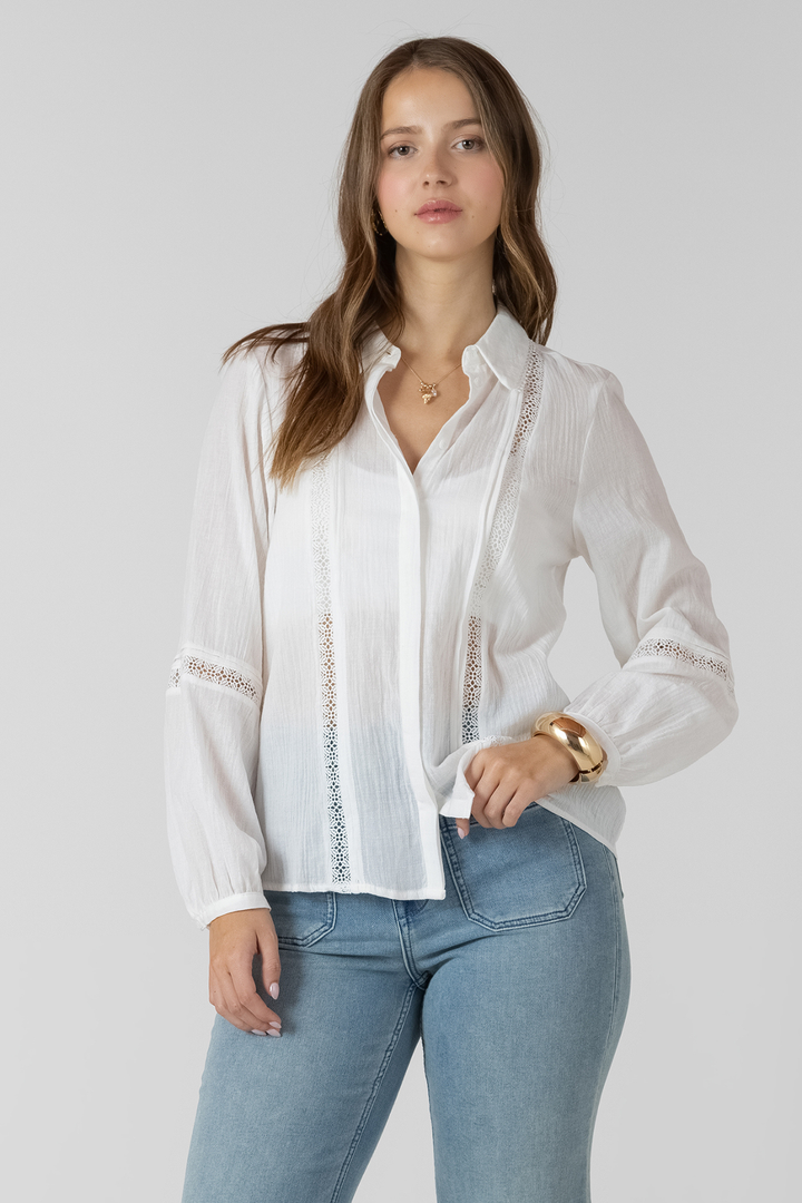 Dex Lace Insert Button Front Blouse - White