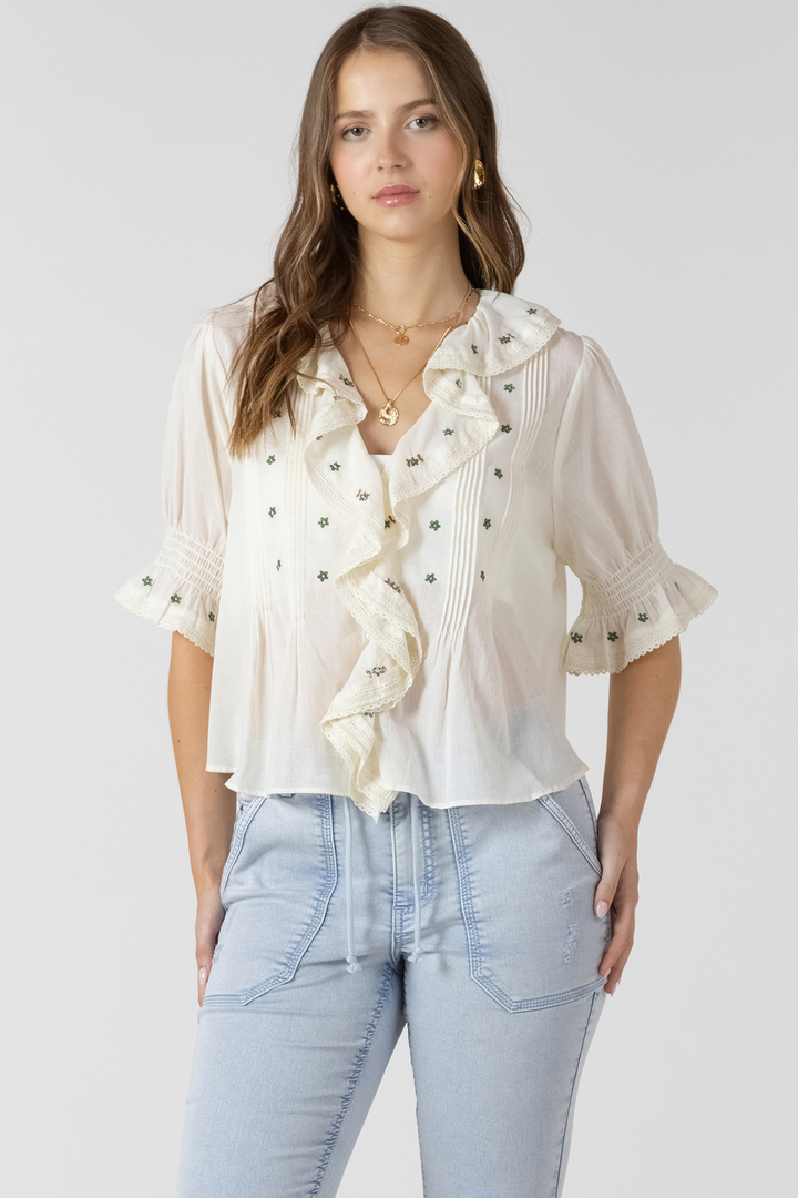 Dex Ruffle Detail Embroidered Blouse - White