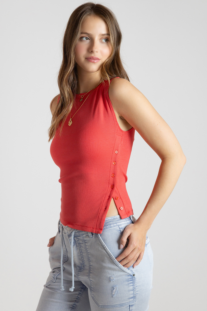 Dex Asymmetrical Button Detail Tank Top - Raspberry Punch