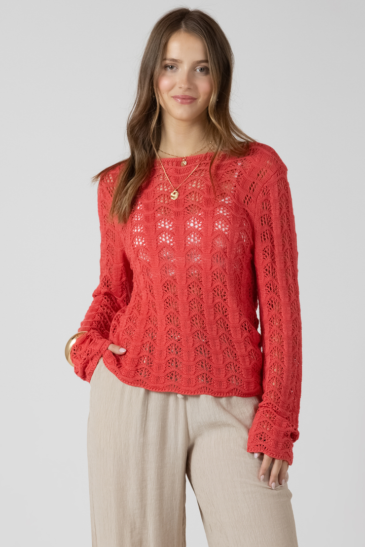 Dex Scallop Open Work Sweater - Raspberry Punch