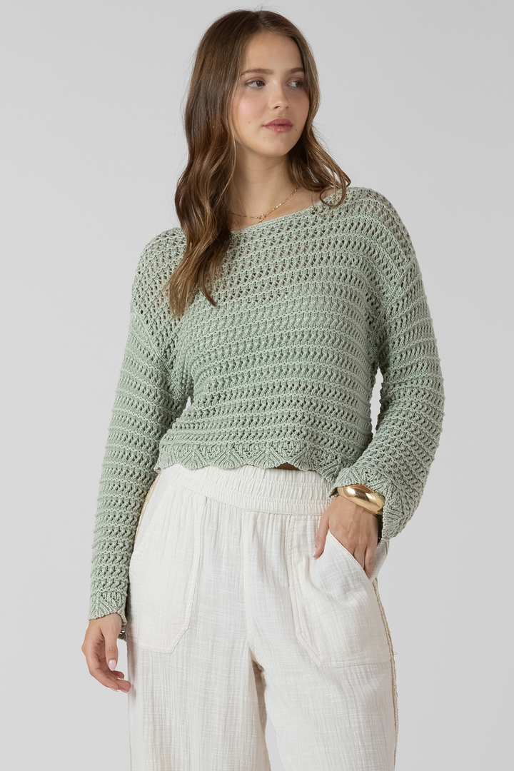 Dex Scallop Hem Open Stitch Sweater - Washed Sage