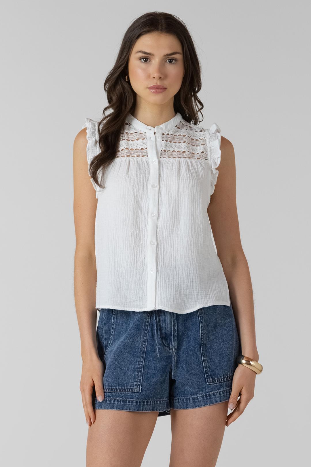 Dex Lace Insert Button Front Blouse - White