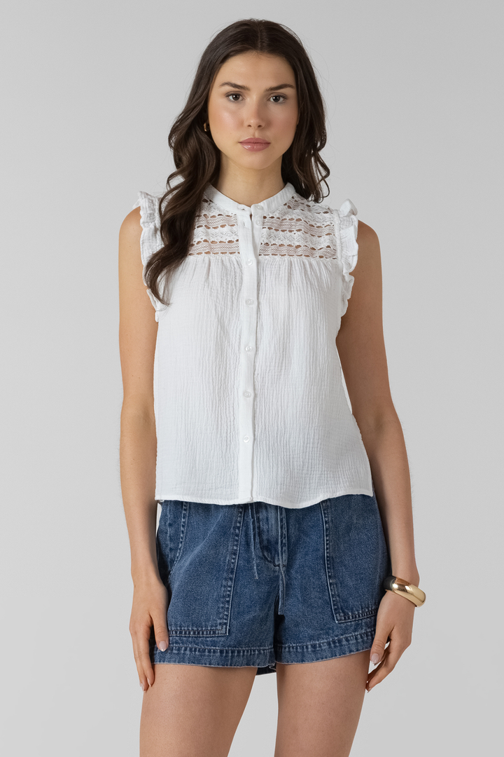 Dex Lace Insert Button Front Blouse - White
