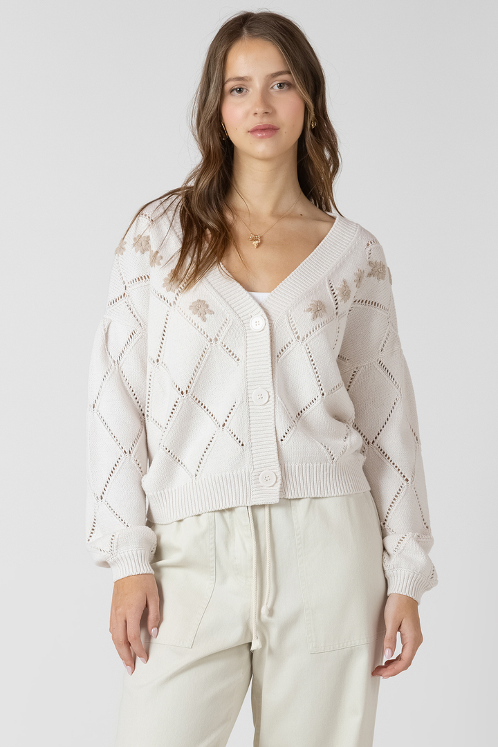 Dex Embroidered Pointelle Cardigan - Natural Florals