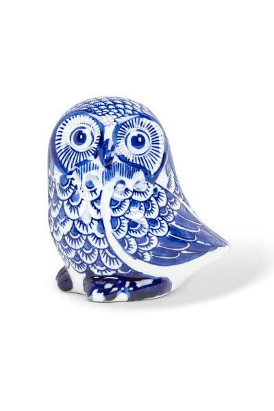Blue and White Sideways Ceramic Owl - Medium