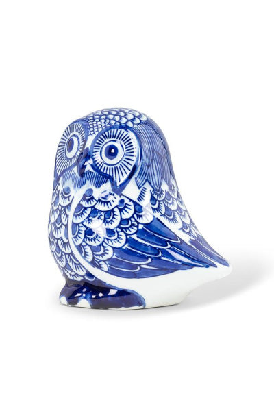 Blue and White Sideways Ceramic Owl - Medium