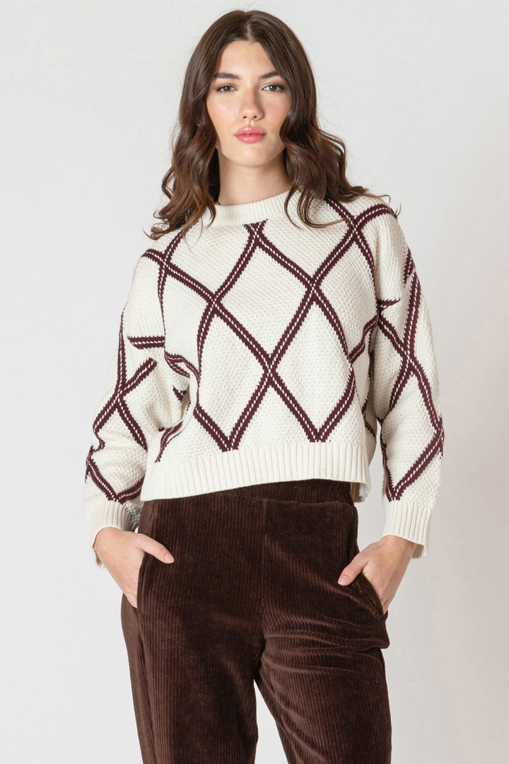 Dex Diamond Check Sweater - Cream With Cocoa