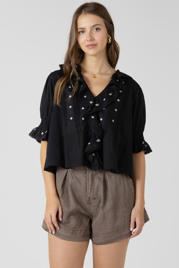 Dex Ruffle Detail Embroidered Blouse - Black