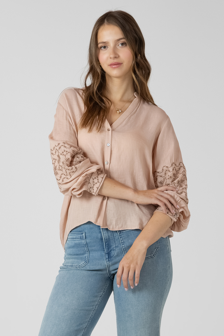 Dex Emboidered Button Front Blouse - Rose
