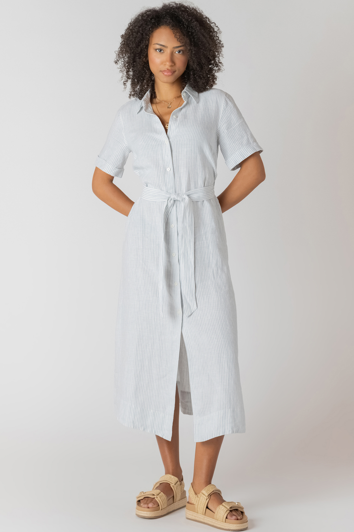 Room 34 Belted Shirt Dress - White With Blue Stripes