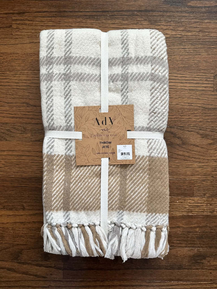 Checkered Throw With Fringes, Brown &amp; Beige - 50"L X 60"W