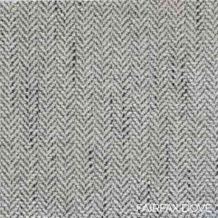 Textured fabric with a herringbone pattern in gray tones, labeled &