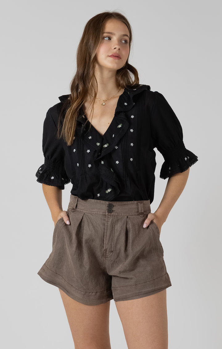 Dex Ruffle Detail Embroidered Blouse - Black