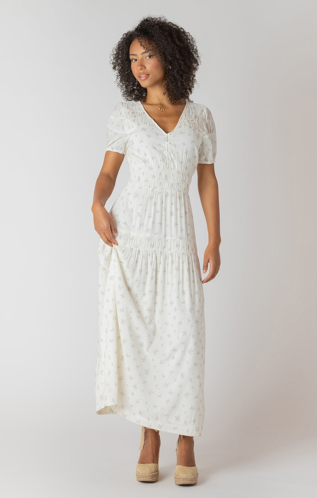 Room 34 Button Smocked Dress - Delicate Floral