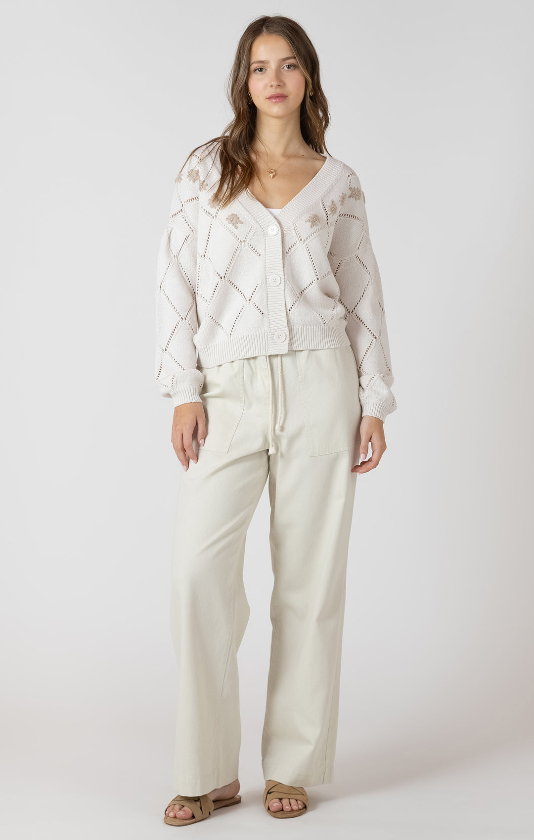 Dex Embroidered Pointelle Cardigan - Natural Florals