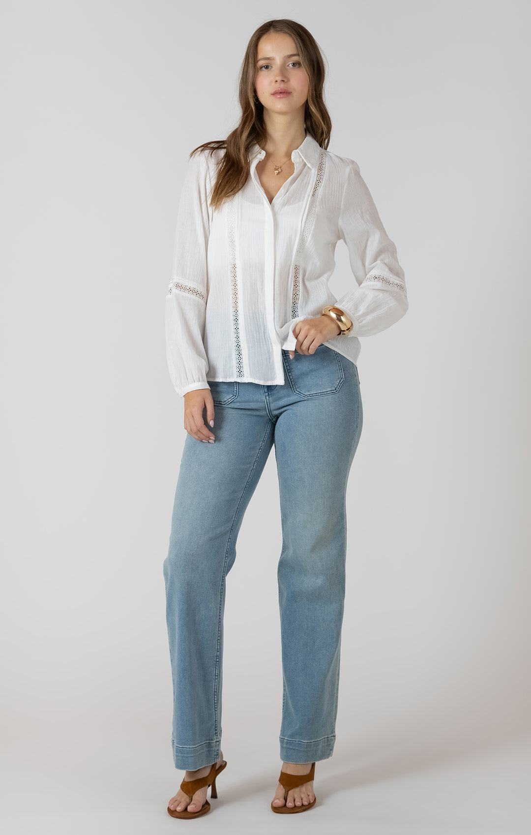 Dex Lace Insert Button Front Blouse - White