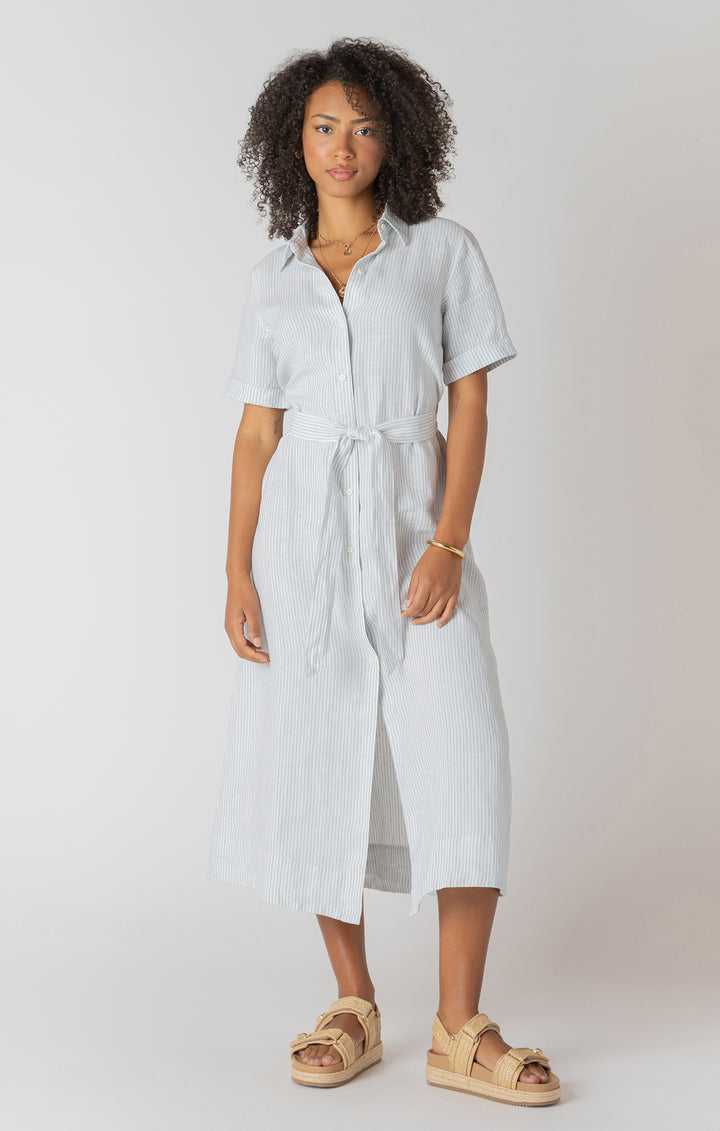 Room 34 Belted Shirt Dress - White With Blue Stripes