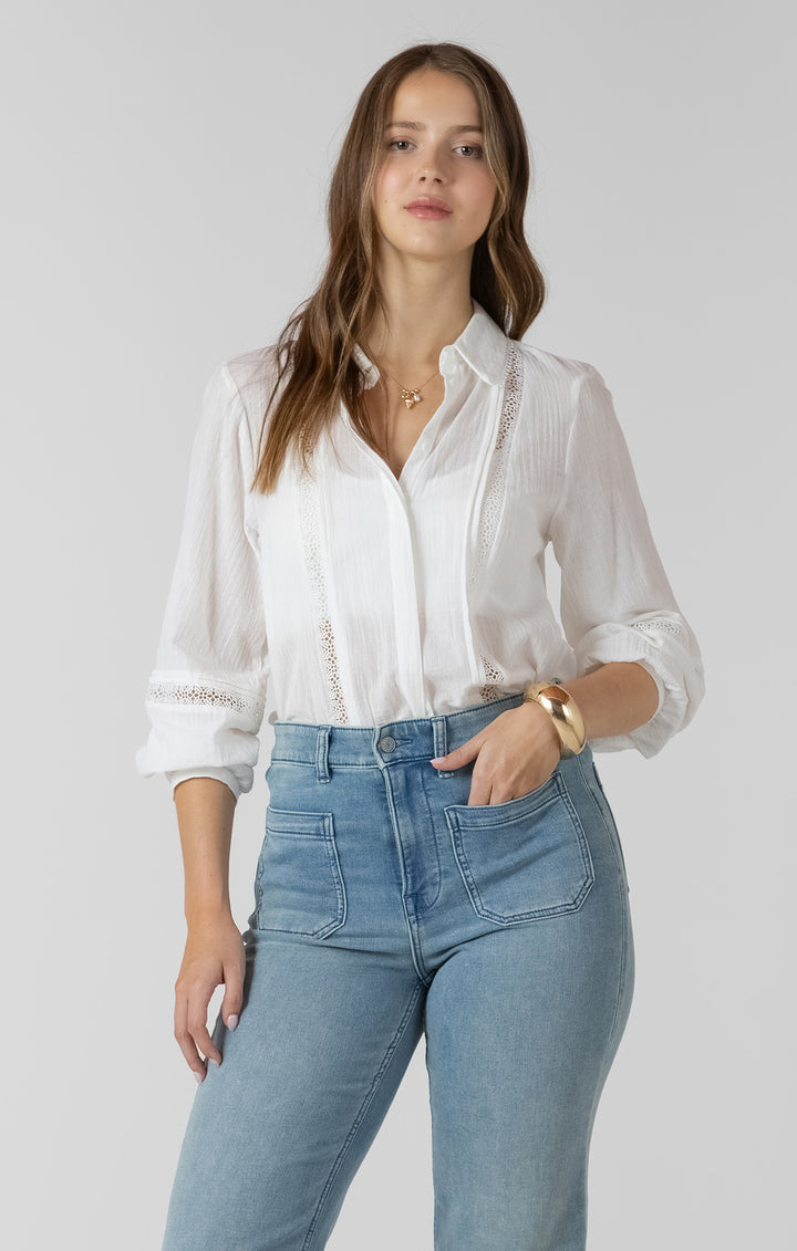 Dex Lace Insert Button Front Blouse - White