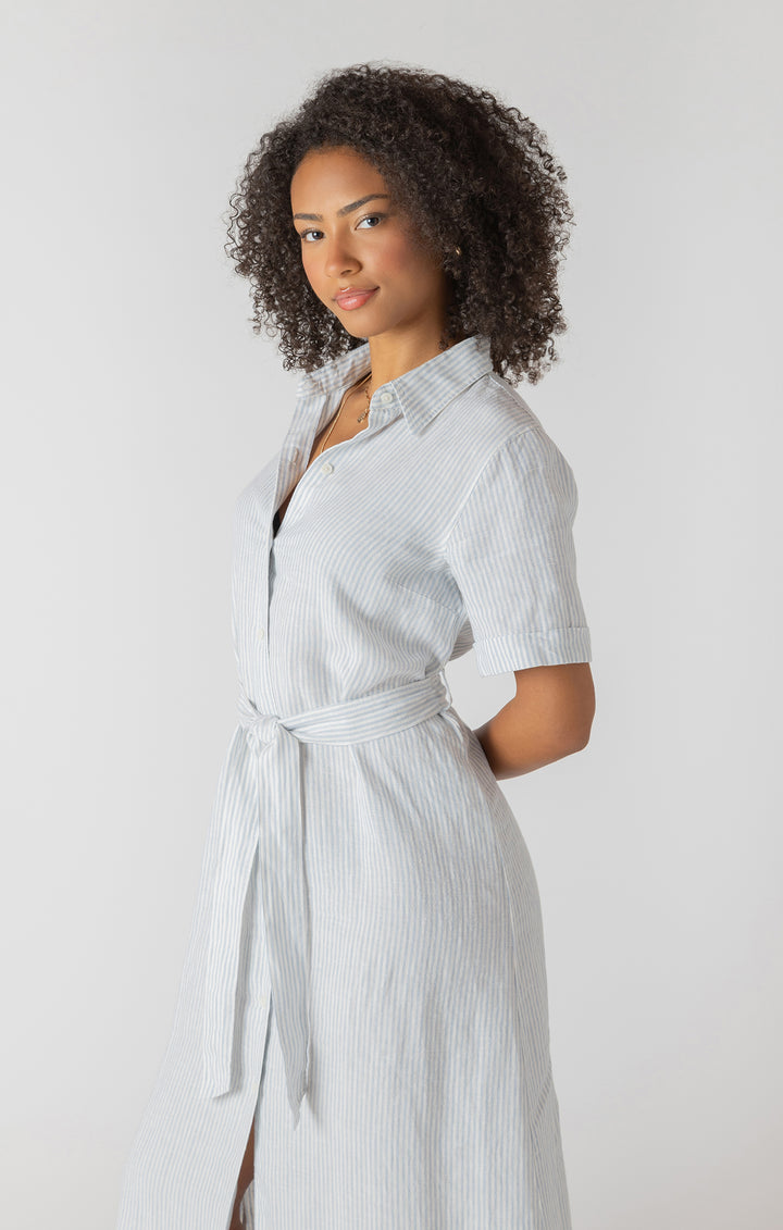 Room 34 Belted Shirt Dress - White With Blue Stripes