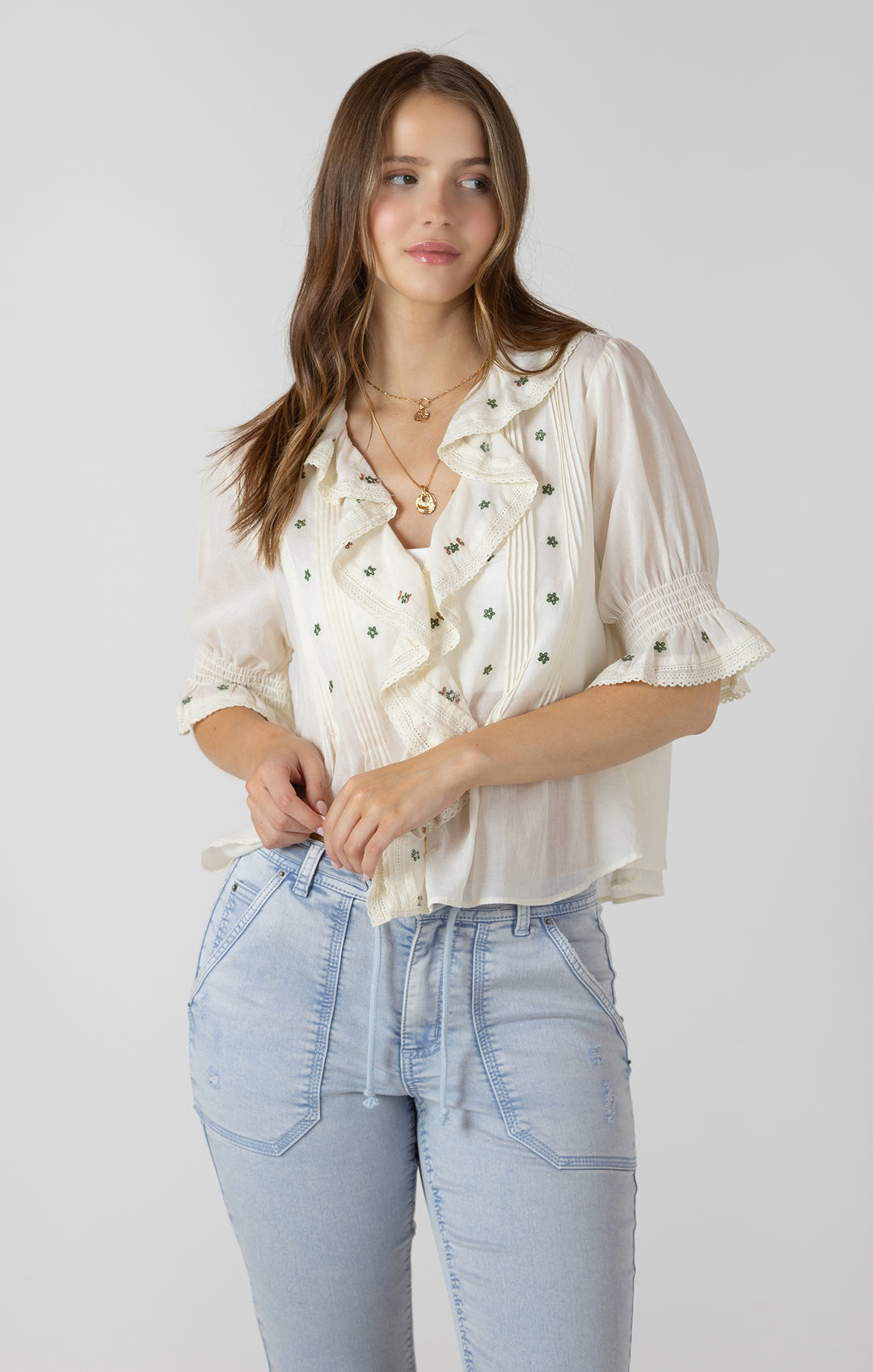 Dex Ruffle Detail Embroidered Blouse - White