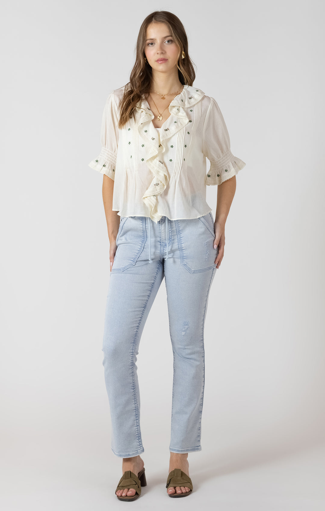Dex Ruffle Detail Embroidered Blouse - White