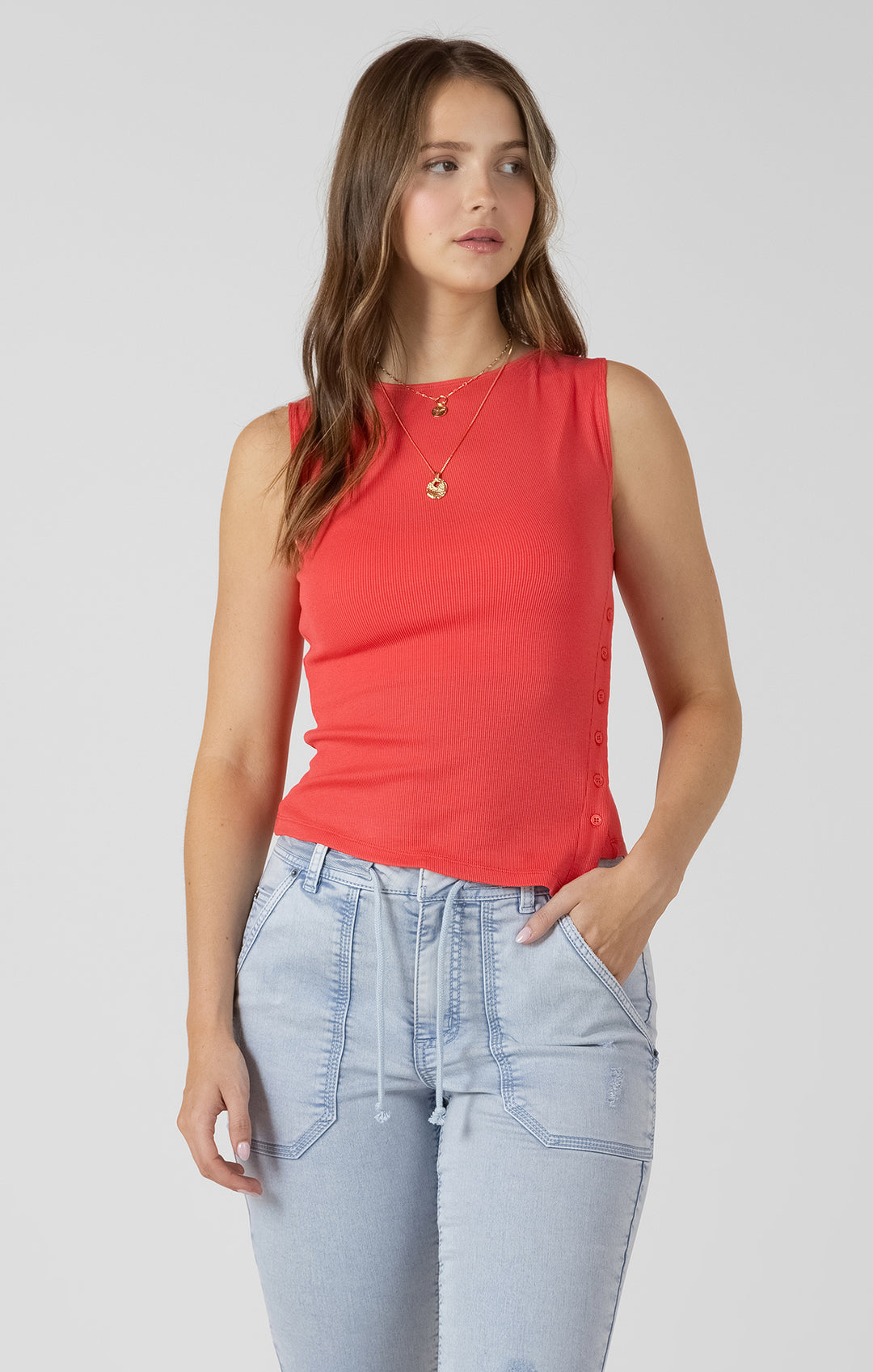 Dex Asymmetrical Button Detail Tank Top - Raspberry Punch