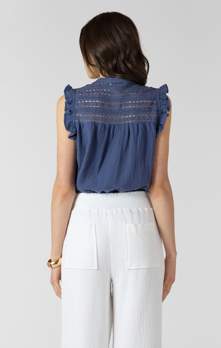 Dex Lace Insert Button Front Blouse - Blue