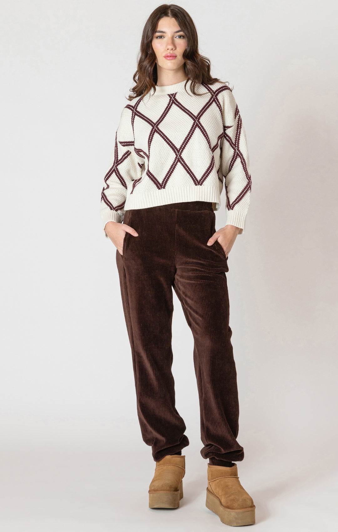 Dex Diamond Check Sweater - Cream With Cocoa
