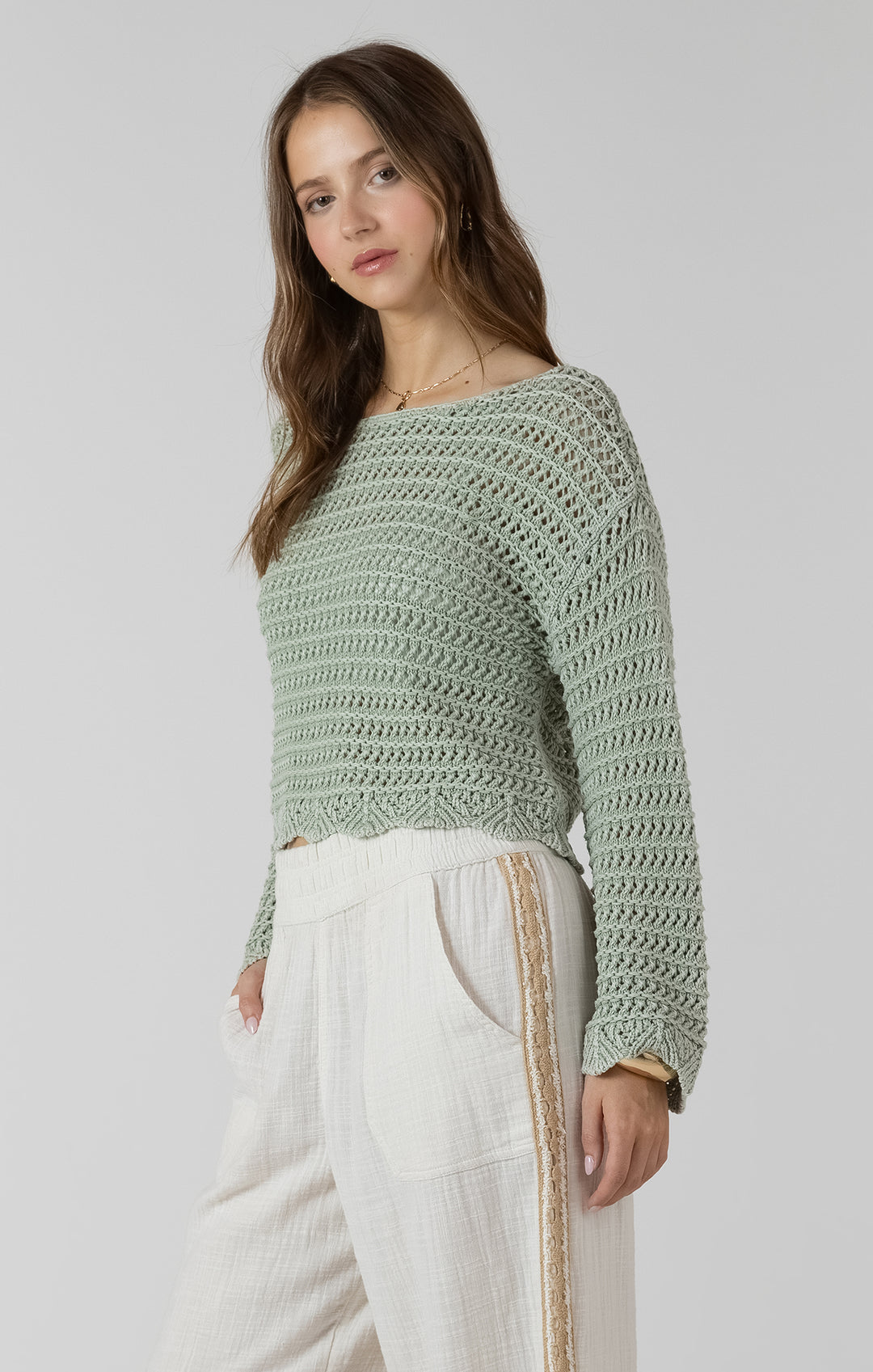 Dex Scallop Hem Open Stitch Sweater - Washed Sage