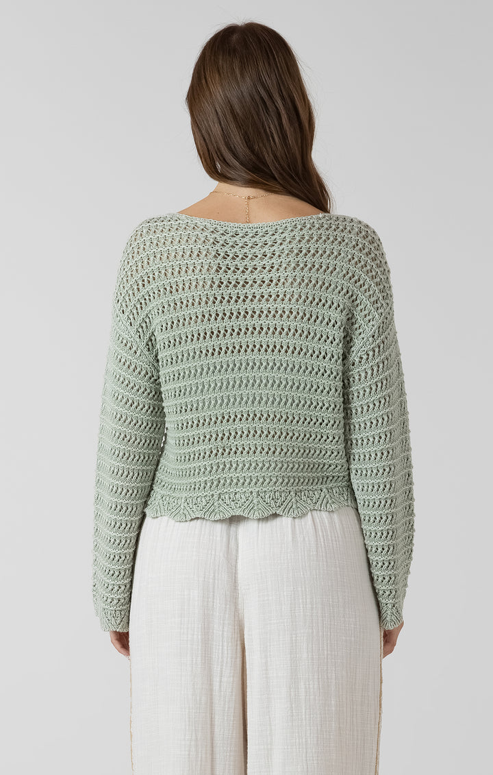 Dex Scallop Hem Open Stitch Sweater - Washed Sage