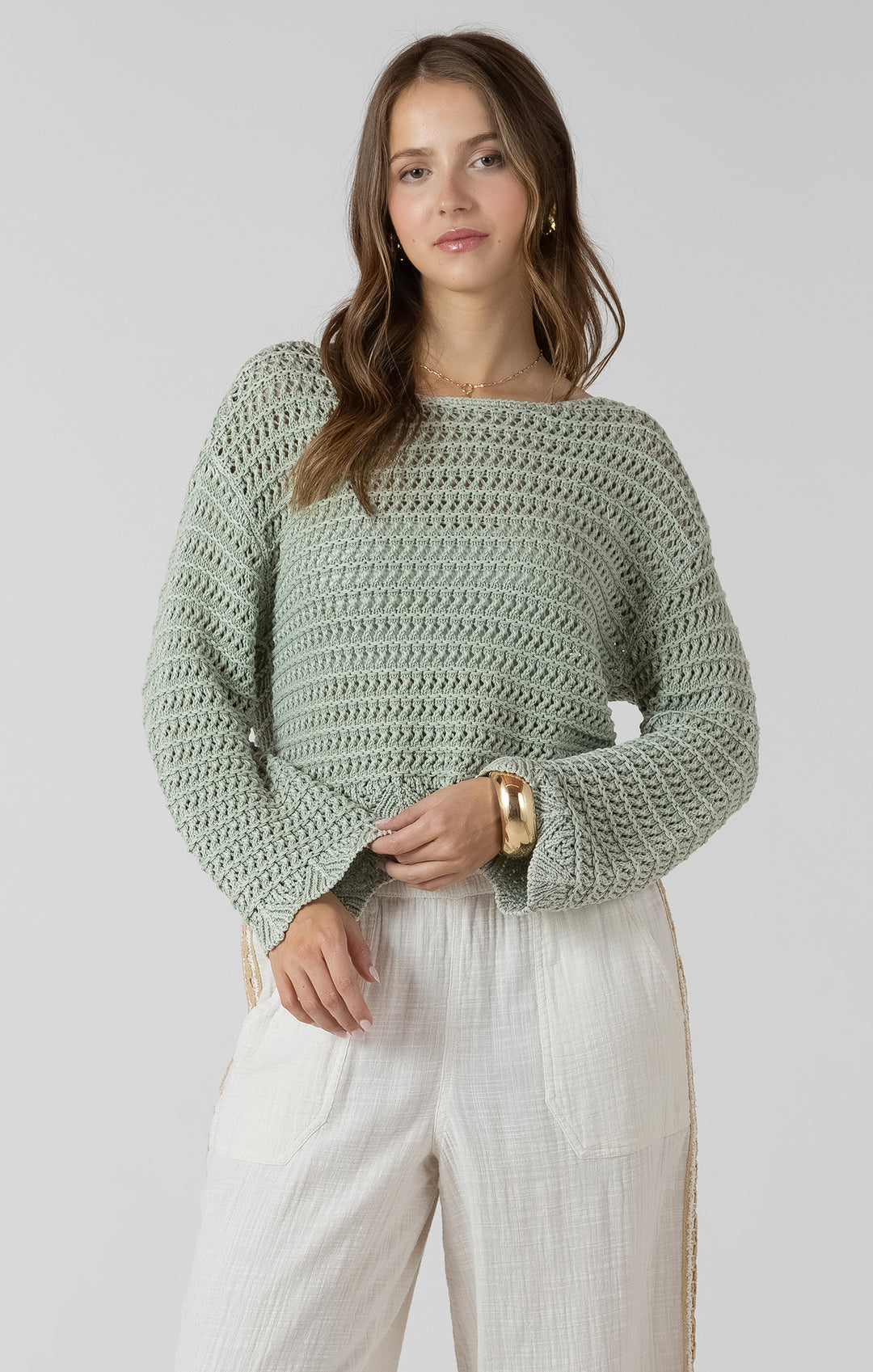 Dex Scallop Hem Open Stitch Sweater - Washed Sage