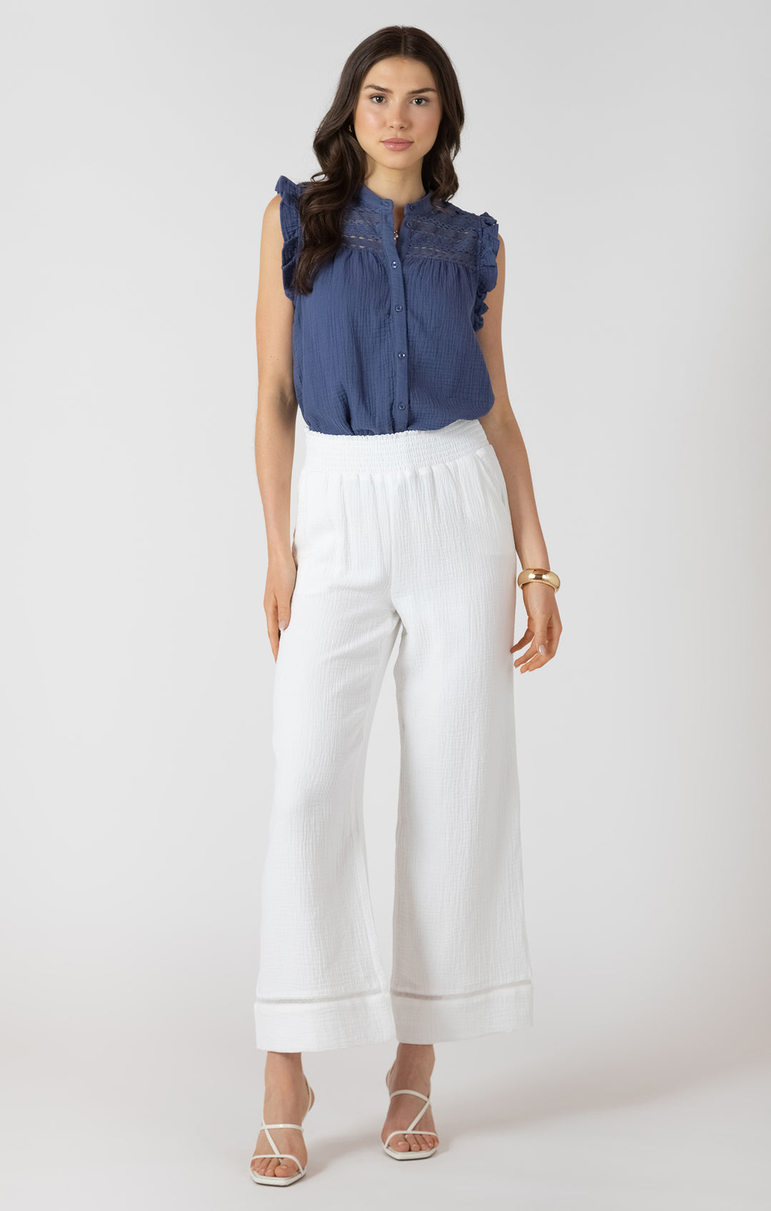 Dex Lace Insert Button Front Blouse - Blue