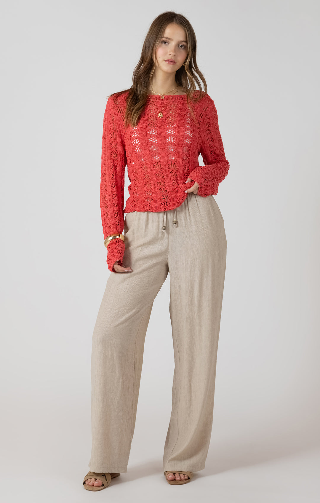 Dex Scallop Open Work Sweater - Raspberry Punch