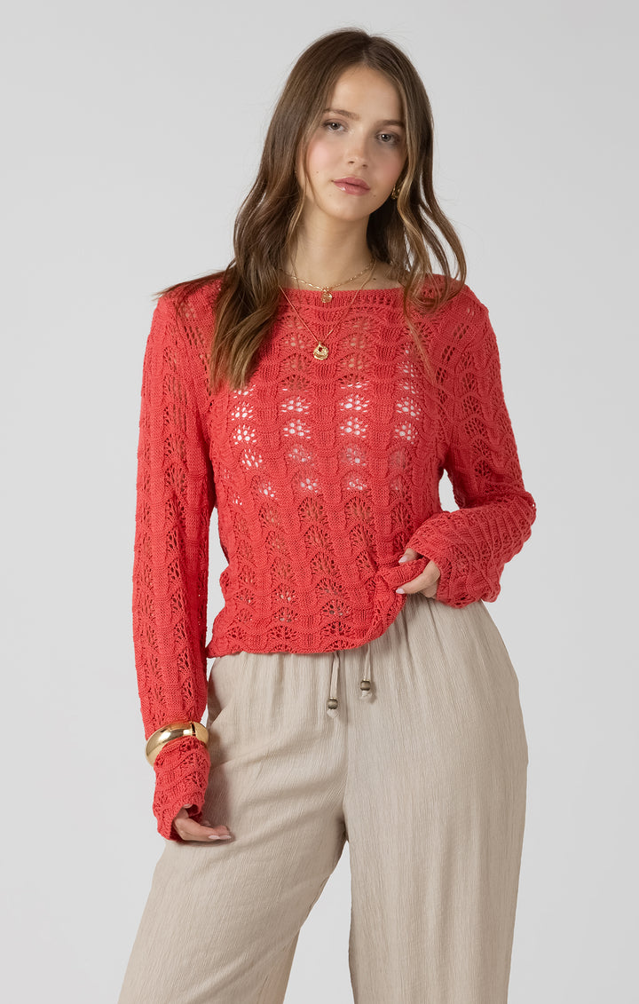 Dex Scallop Open Work Sweater - Raspberry Punch