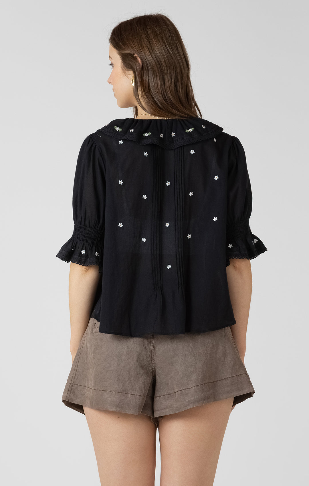 Dex Ruffle Detail Embroidered Blouse - Black