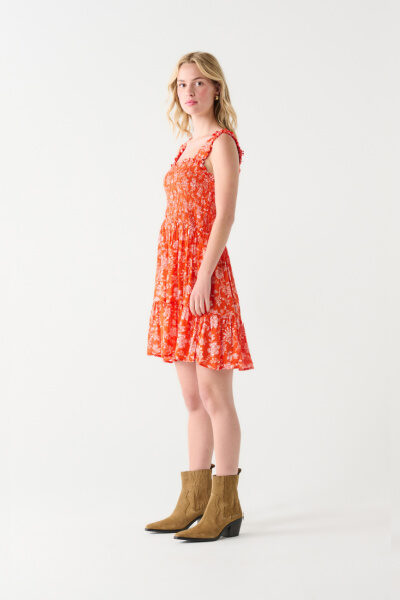 Dex Smocked Bodice Mini Dress - Orange and Cream Vine Floral
