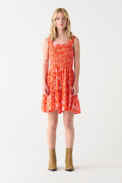 Dex Smocked Bodice Mini Dress - Orange and Cream Vine Floral